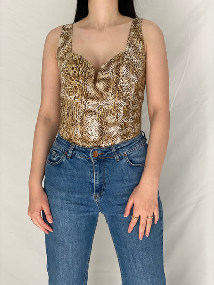 Vintage Y2K Michel Adam Gold Brown Snake Print Low Back Bodysuit - M