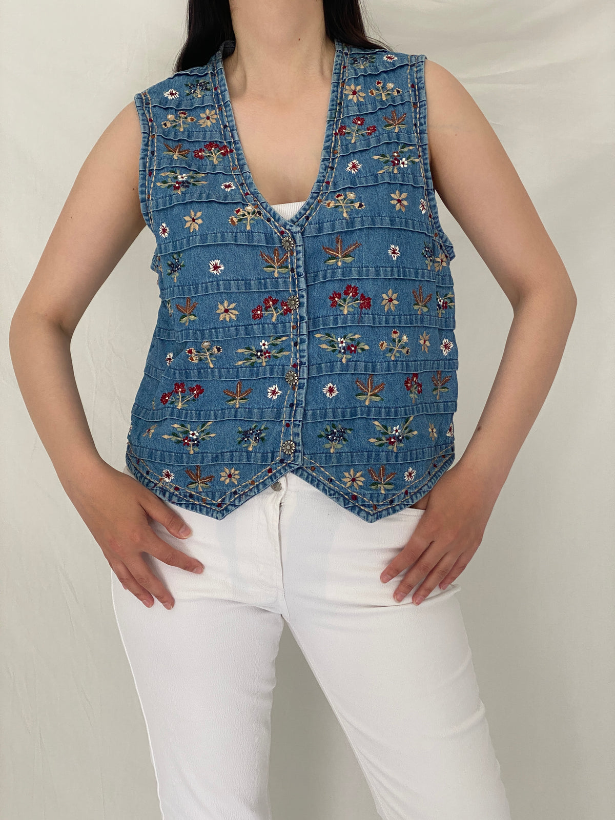 Vintage New Directions Boho Floral Embroidered Denim Vest - L Vintage New Directions Boho Floral Embroidered Denim Vest - L