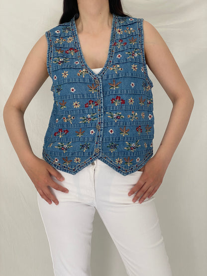 Vintage New Directions Boho Floral Embroidered Denim Vest -  L