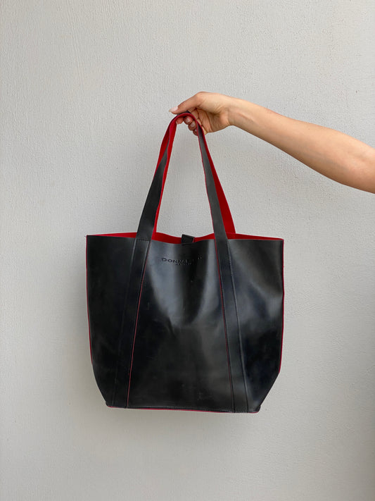 Vintage 2000s Donna Karan New York Black Leather Tote Bag Red Interior Minimalist Shopper