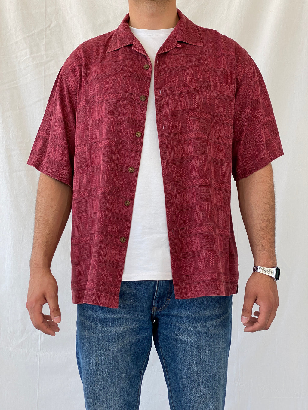 Vintage St. John’s Bay Men’s Short Sleeve Burgundy Hawaiian Silk Shirt - L