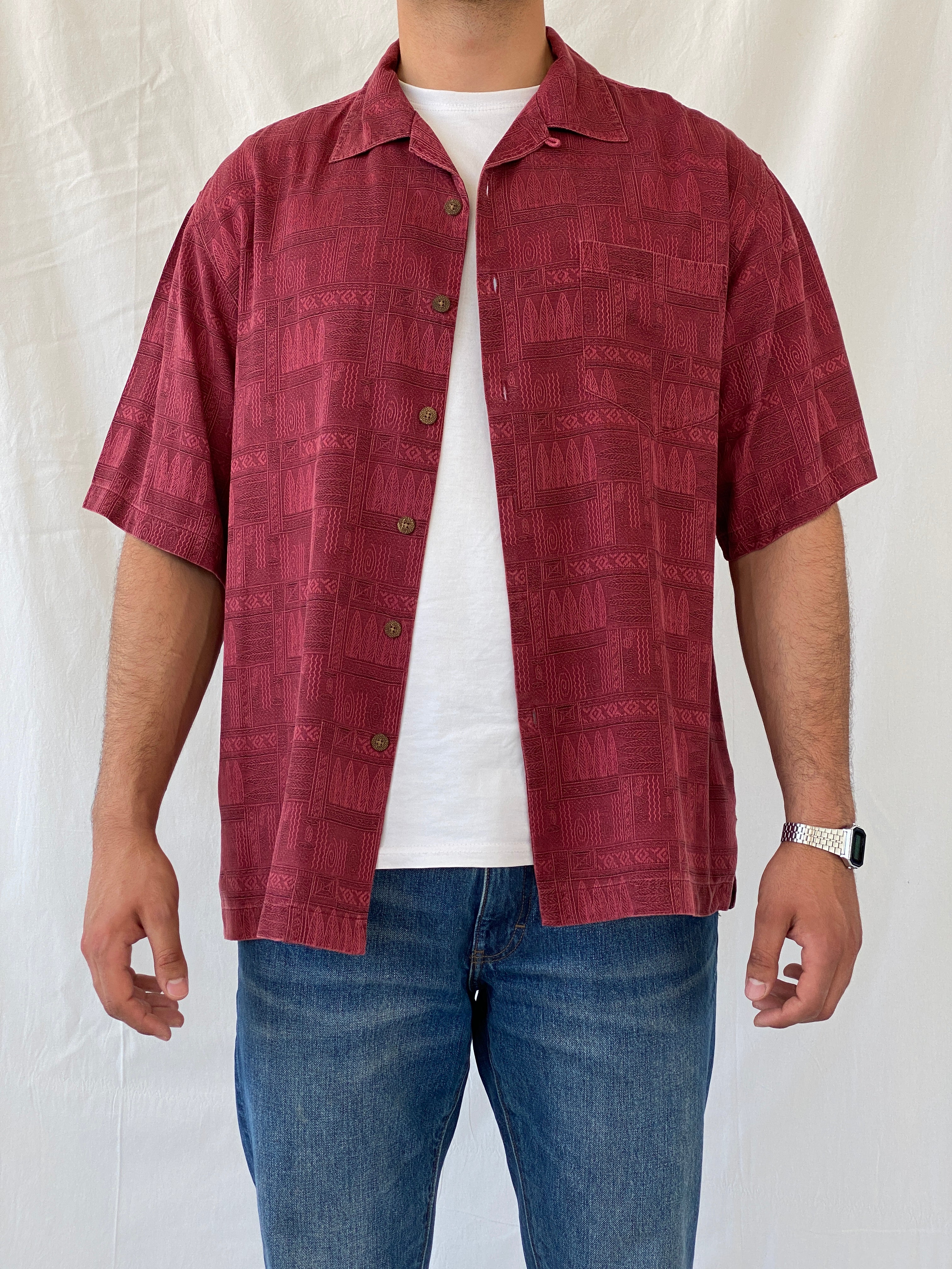 Vintage St. John’s Bay Men’s Short Sleeve Burgundy Hawaiian Silk Shirt - L