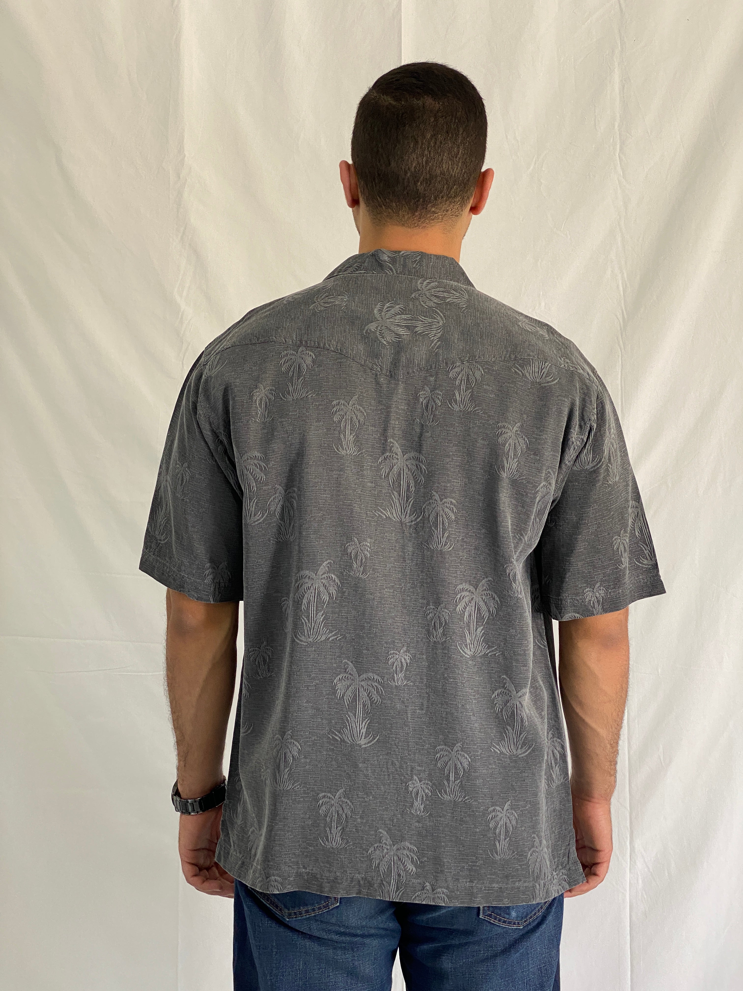 Tommy Bahama Charcoal Palm Tree Silk Men’s Button-Up Short Sleeve Shirt - M