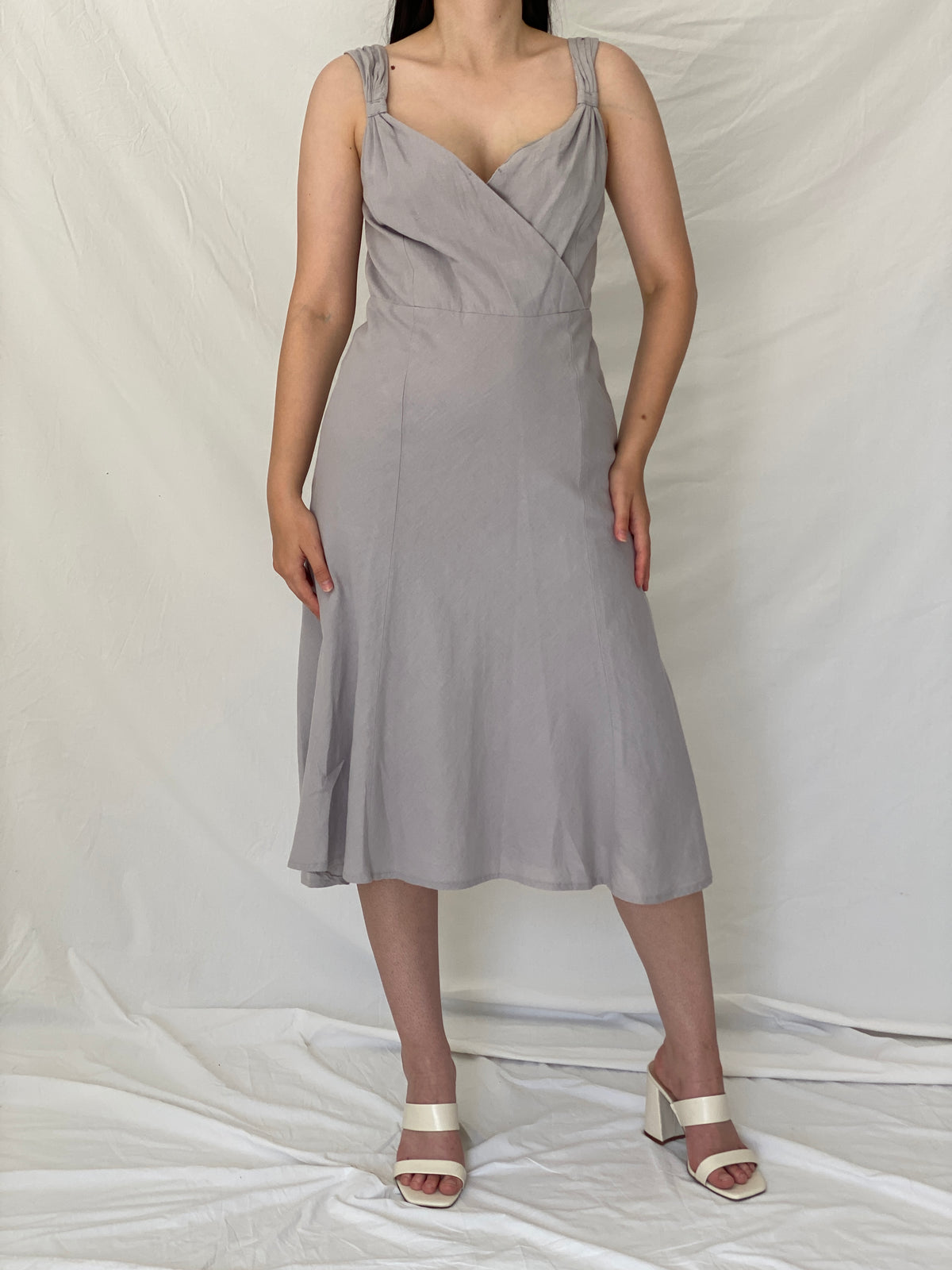 Vintage Y2K Jacqueline Riu Dove Grey Linen Cotton Blend Midi Dress - M Vintage Y2K Jacqueline Riu Dove Grey Linen Cotton Blend Midi Dress - M