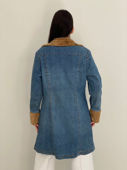 Y2K Luckystars Heavy Denim Coat with Brown Faux Fur Lining – L