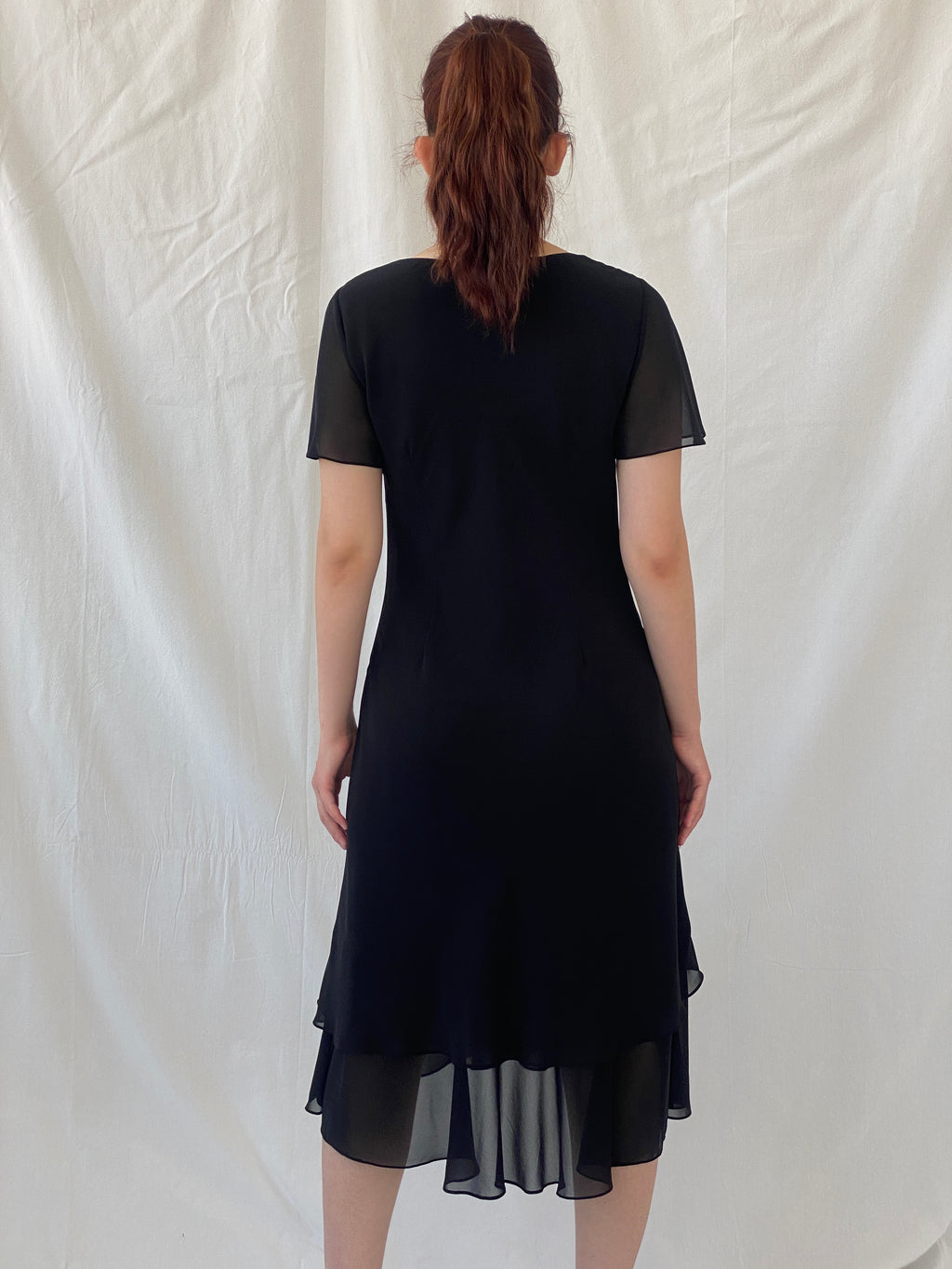 Vintage 90s Romantic Black Midi Short Sleeve Cowl Neck Dress - L