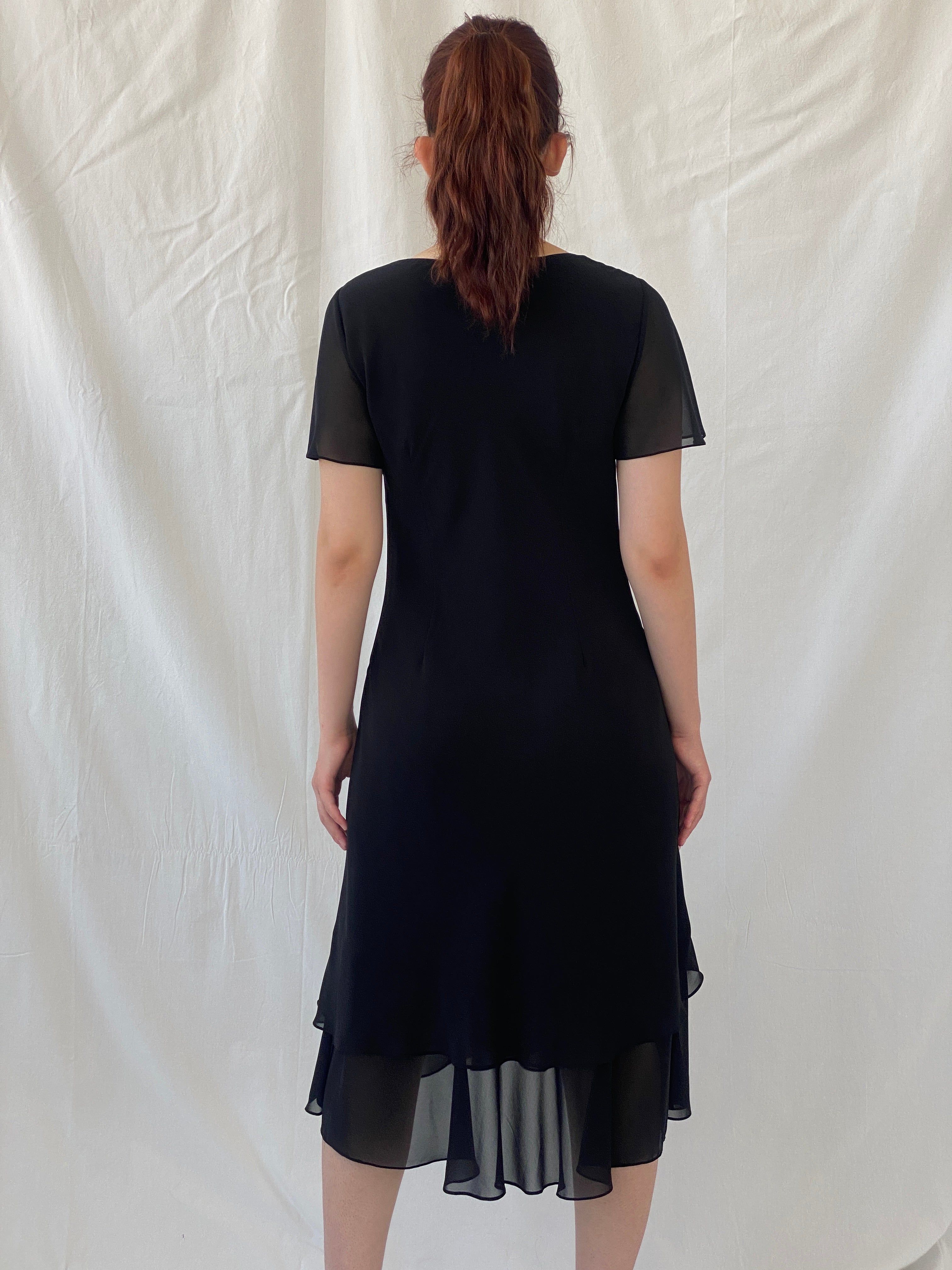 Vintage 90s Romantic Black Midi Short Sleeve Cowl Neck Dress - L