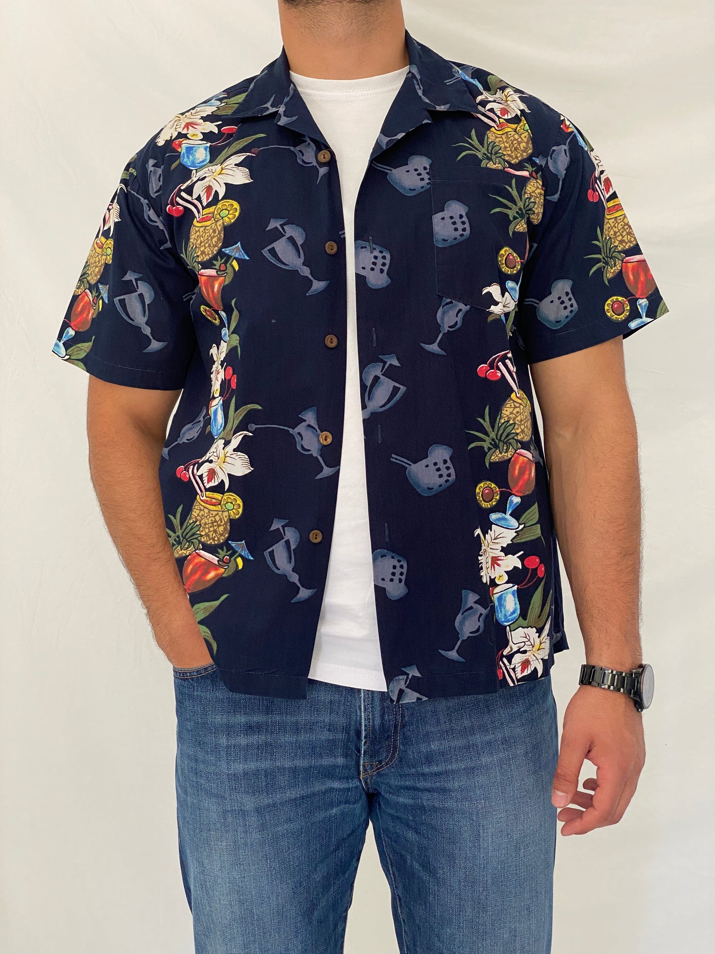 Vintage Steve & Barry’s Classic Hawaiian Navy Cocktail Print Camp Shirt - M