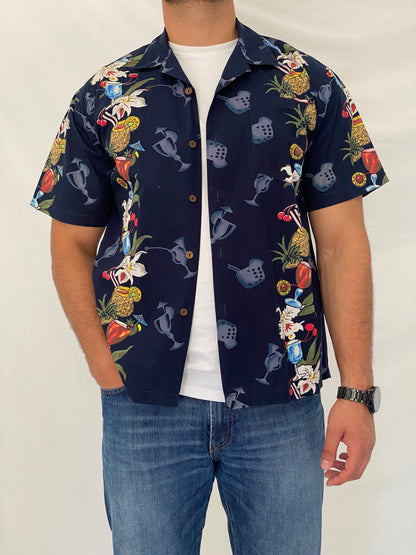 Vintage Steve & Barry’s Classic Hawaiian Navy Cocktail Print Camp Shirt - M
