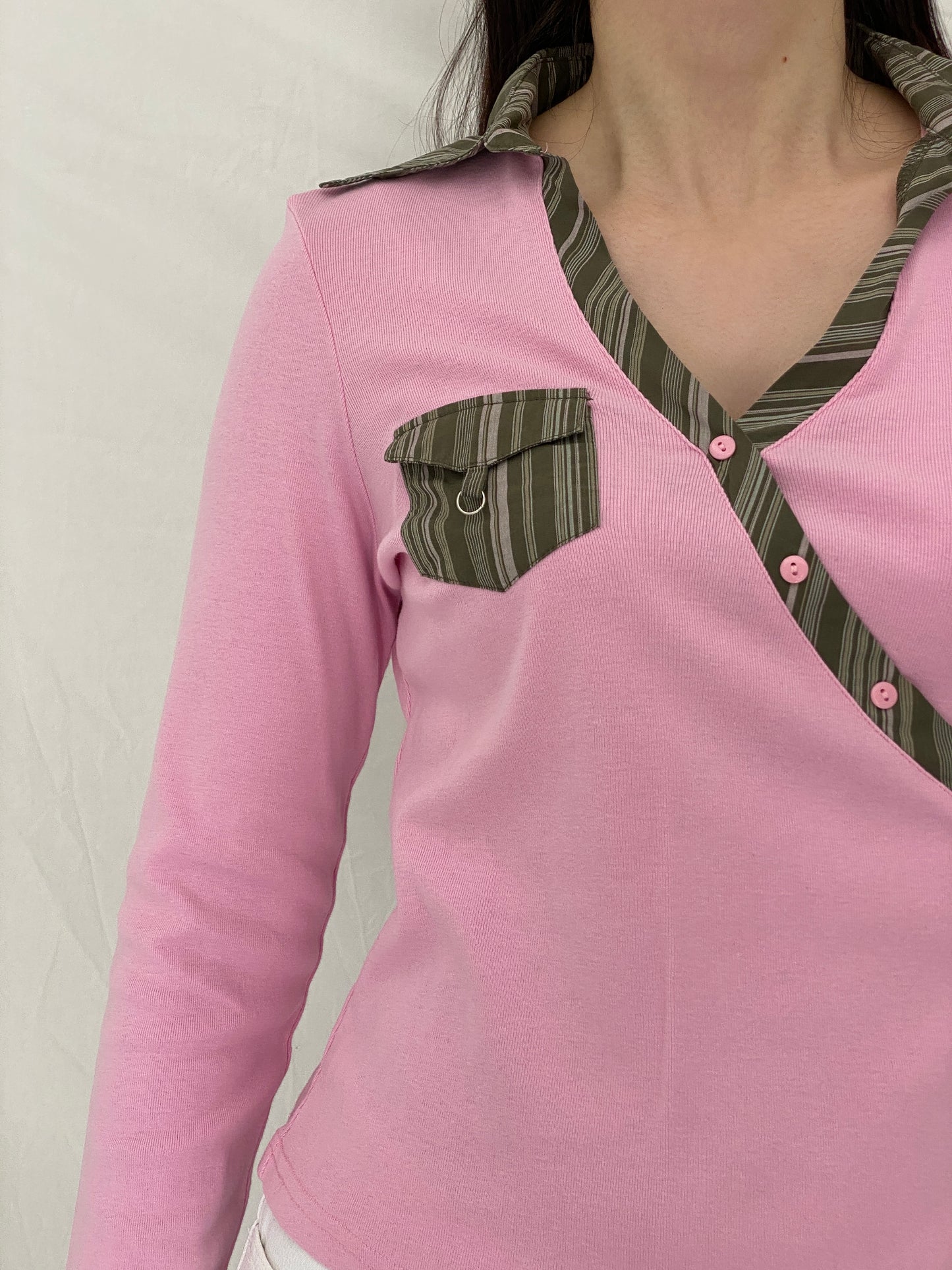 Vintage Y2K Kiabi Woman Baby Pink Cotton Wrap Style School Girl Top - L