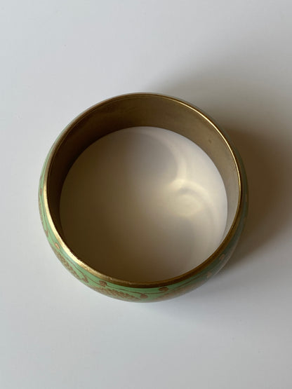 Vintage Green Enamel & Gold Floral Cuff Bracelet Wide Statement Bangle