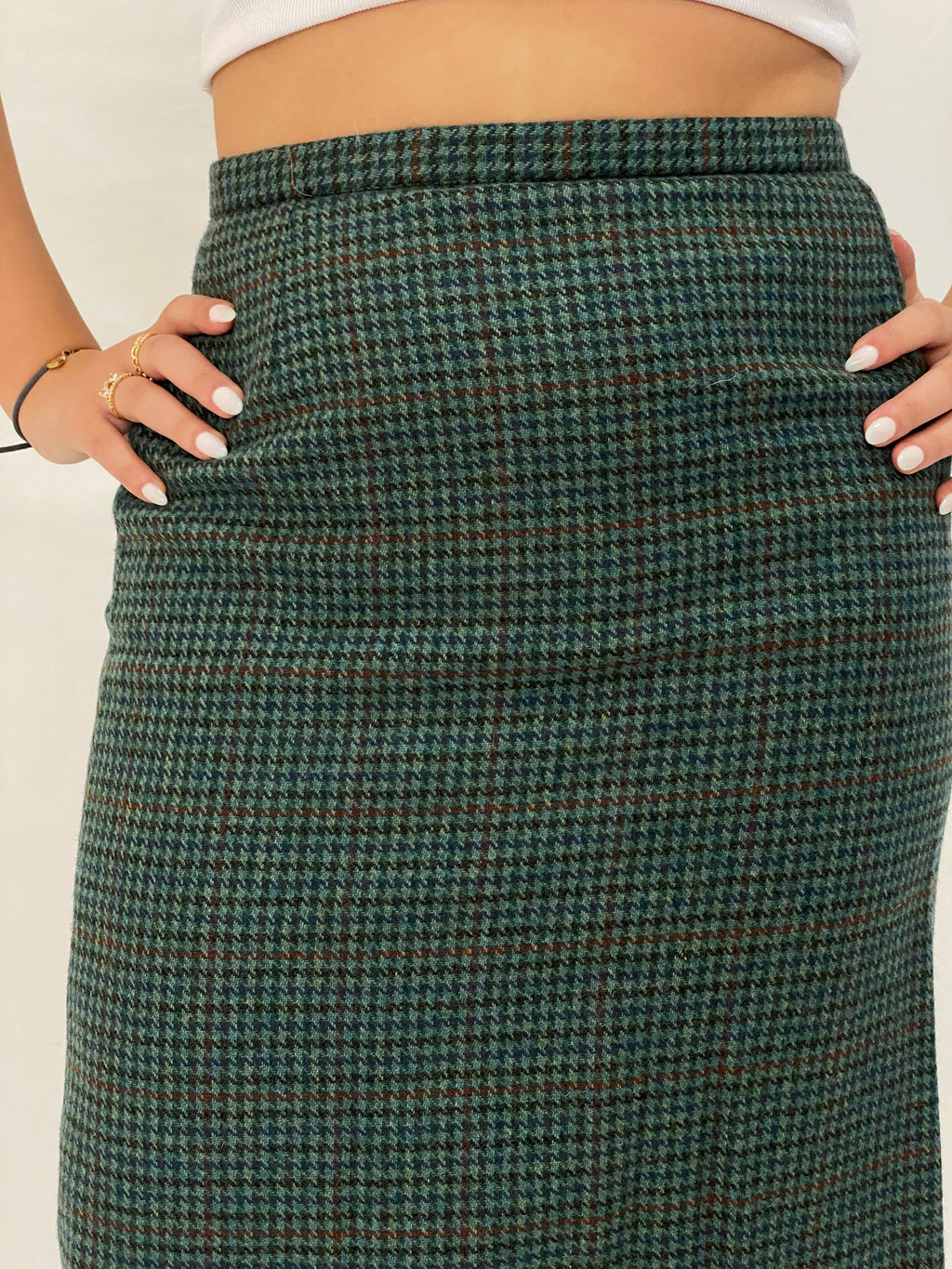Vintage Handmade Green Plaid Houndstooth Pencil Skirt Classic Knee-Length Skirt - M