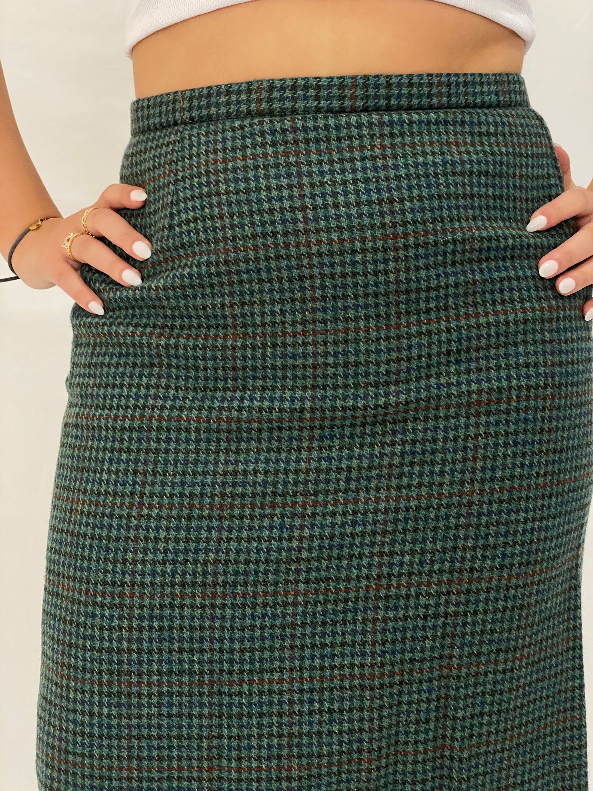 Vintage Handmade Green Plaid Houndstooth Pencil Skirt Classic Knee-Length Skirt - M Vintage Handmade Green Plaid Houndstooth Pencil Skirt Classic Knee-Length Skirt - M