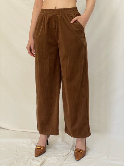 Handmade Brown Corduroy Pants Elastic Waist Trousers - M