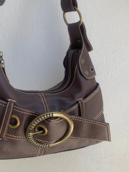 Vintage Y2K Brown Leather Purse Belt Detail Shoulder Bag