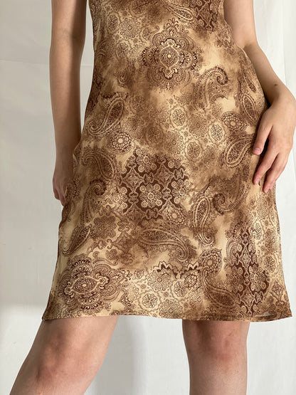 Y2K Pimkie Brown Paisley Satin Slip Vintage 2000s Midi Cami Dress - M