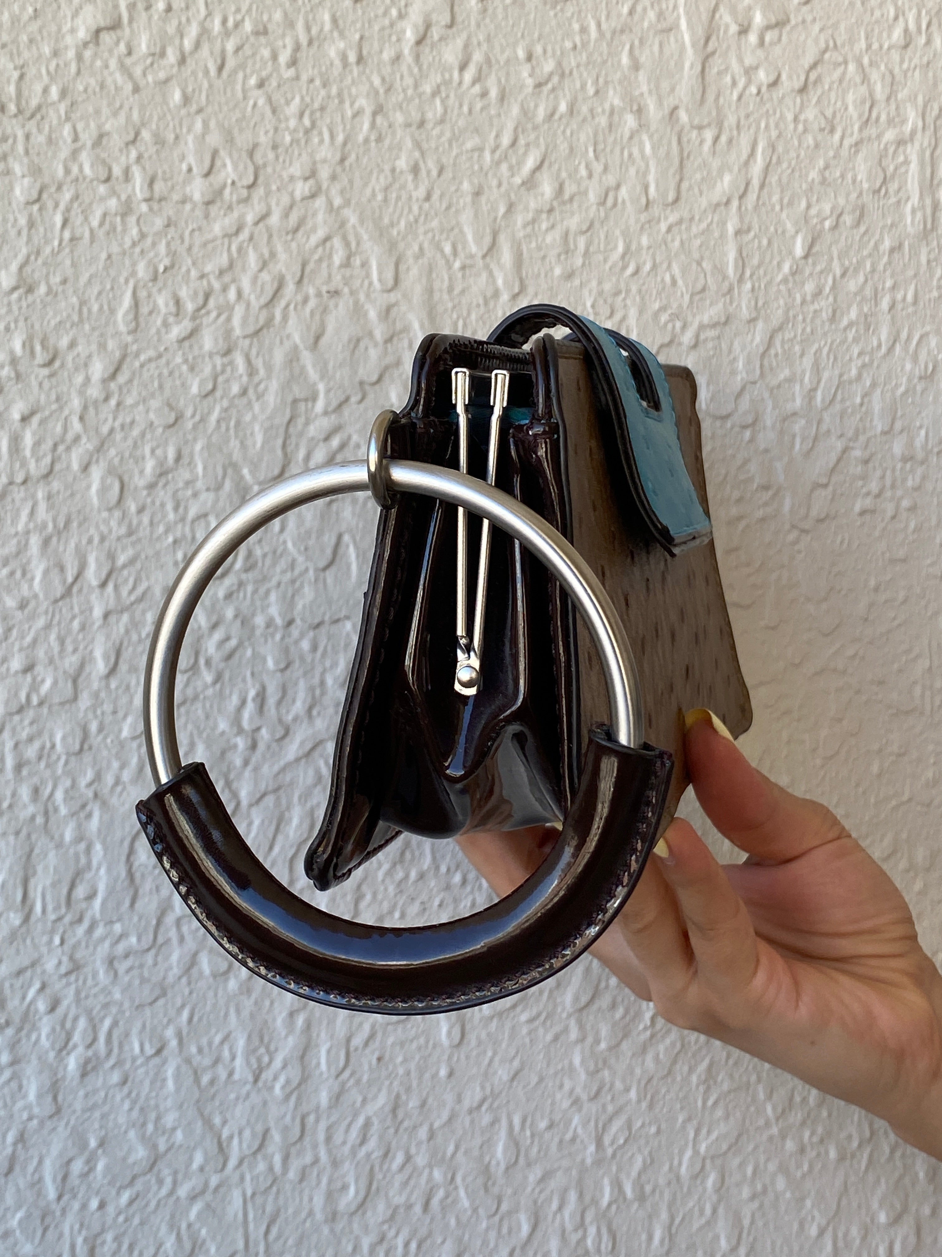 The Limited Ostrich-Embossed Clutch Bag – Tan & Turquoise with Metal Handle