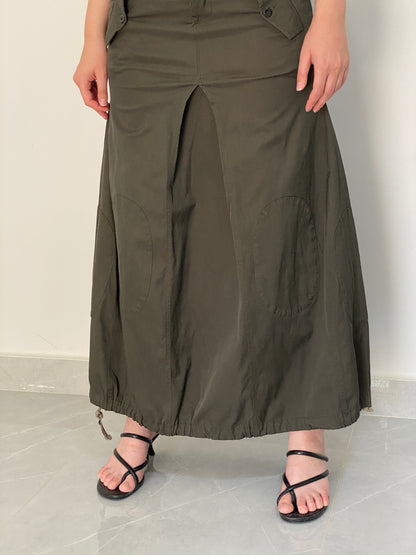 Vintage Y2K Olive Green Utility Cargo Maxi Skirt with Drawstring Hem - L