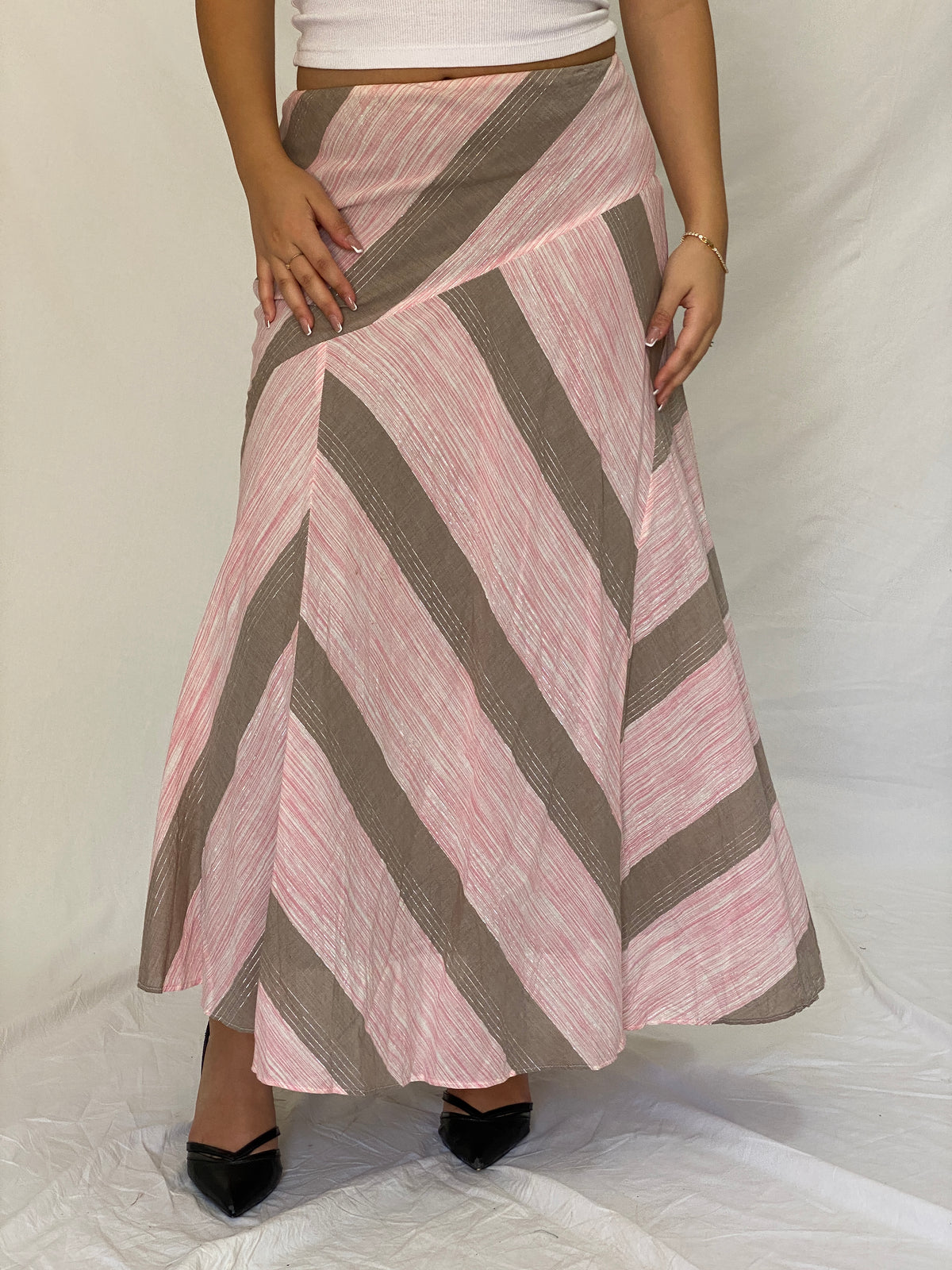 Vintage Y2K Woolworths Woman Pink & Taupe Linen Blend Chevron Maxi Skirt - M Vintage Y2K Woolworths Woman Pink & Taupe Linen Blend Chevron Maxi Skirt - M