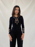Y2K YRC Embellished Sequined Neck Black Long Sleeve Women’s Top - XS