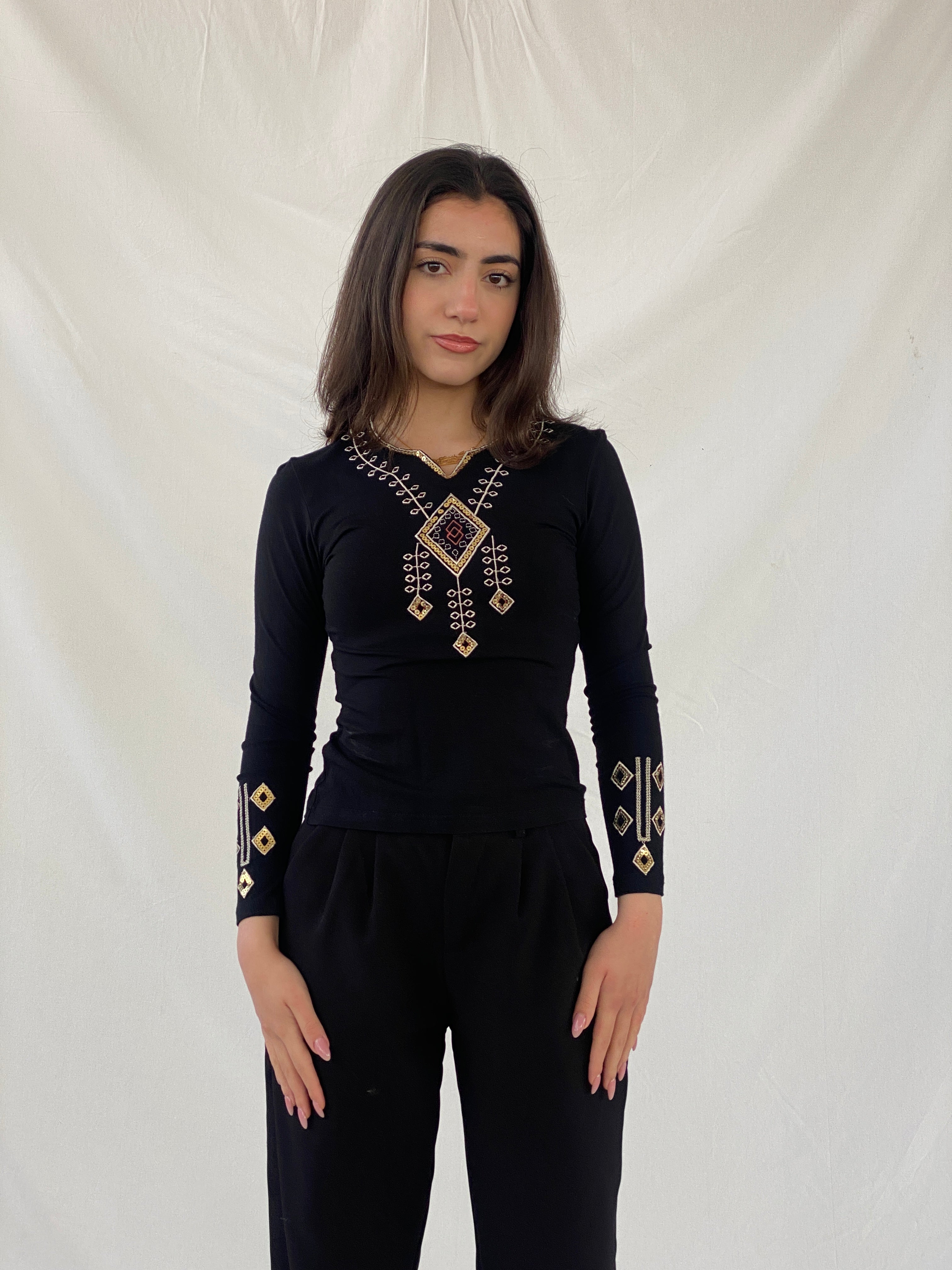 Y2K YRC Embellished Sequined Neck Black Long Sleeve Women’s Top - XS