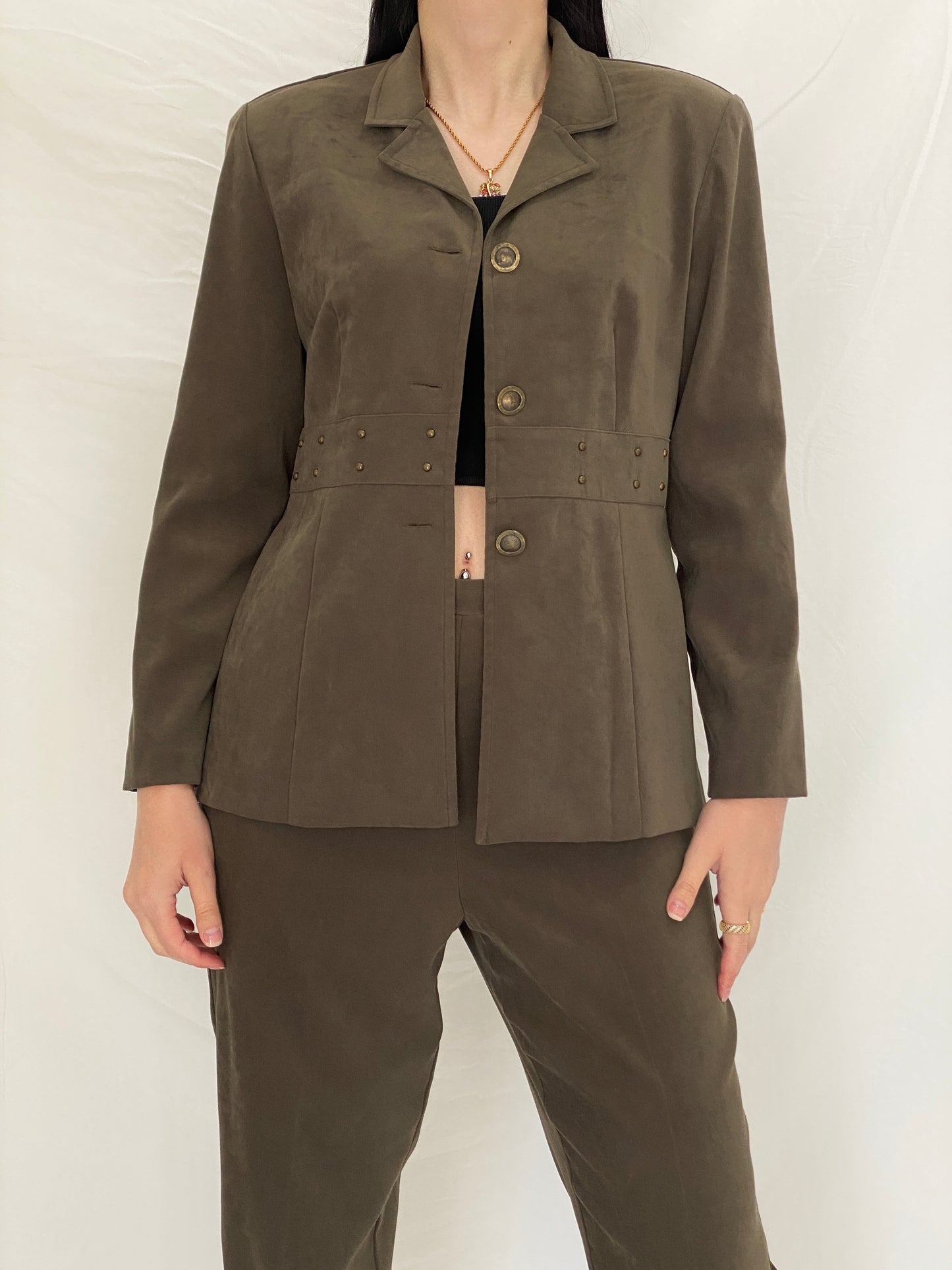Vintage 90s Sag Harbor Dress Petite Olive Green Blazer & Pants Set Officecore Tailored Suit - M