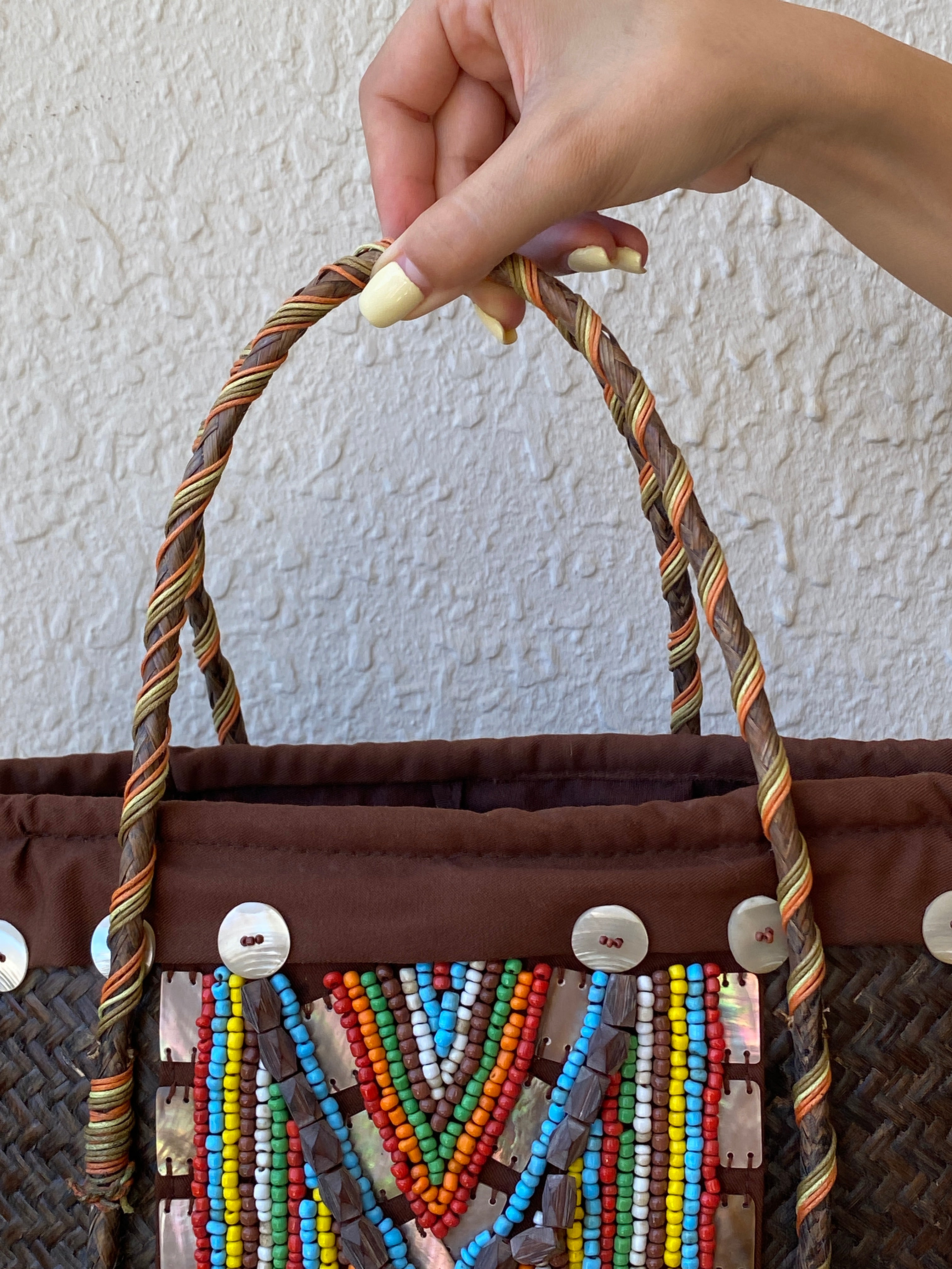 Vintage Handwoven Straw Beach Bag with Beaded Tribal Detail & Shell Accents