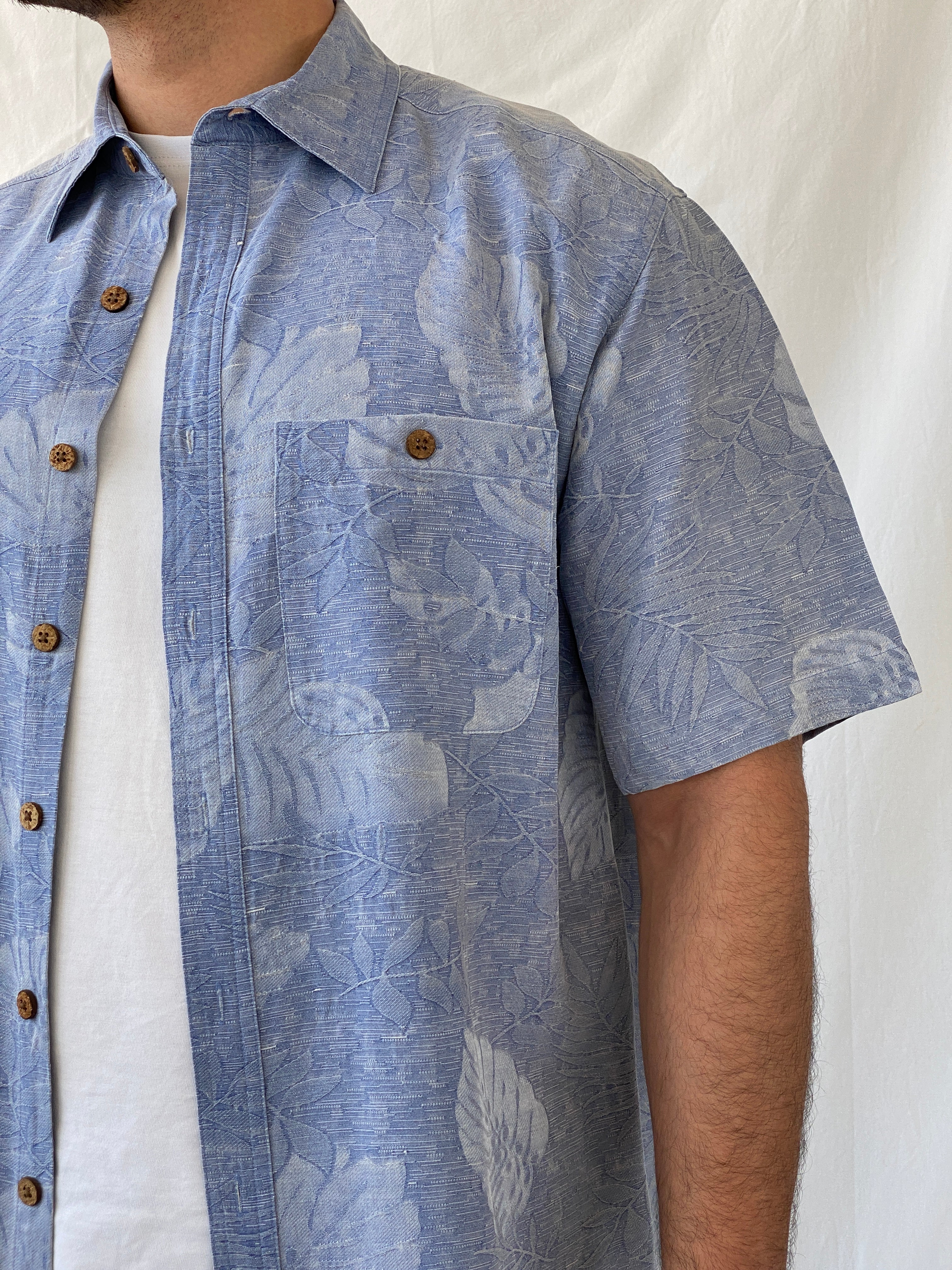 Island Republic Floral Blue Hawaiian Men’s Short Sleeve Silk Shirt - L