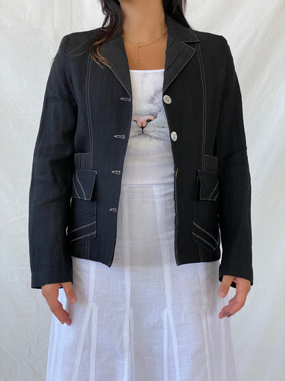 Vintage 90s Féminité Paris Black Linen Seashell Buttoned Blazer - M