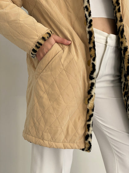 Vintage Y2K Reversible Beige Quilted Leopard Faux Fur Longline Jacket - L