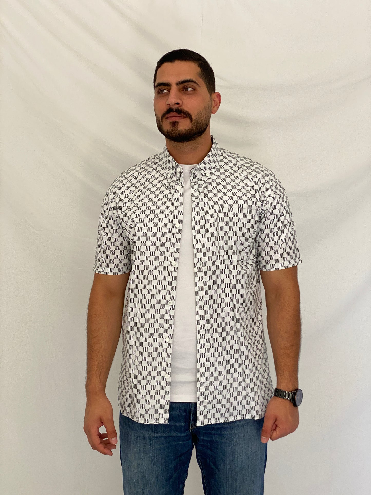 Vans Black White Checkerboard Men’s Cotton Short Sleeve Shirt – L