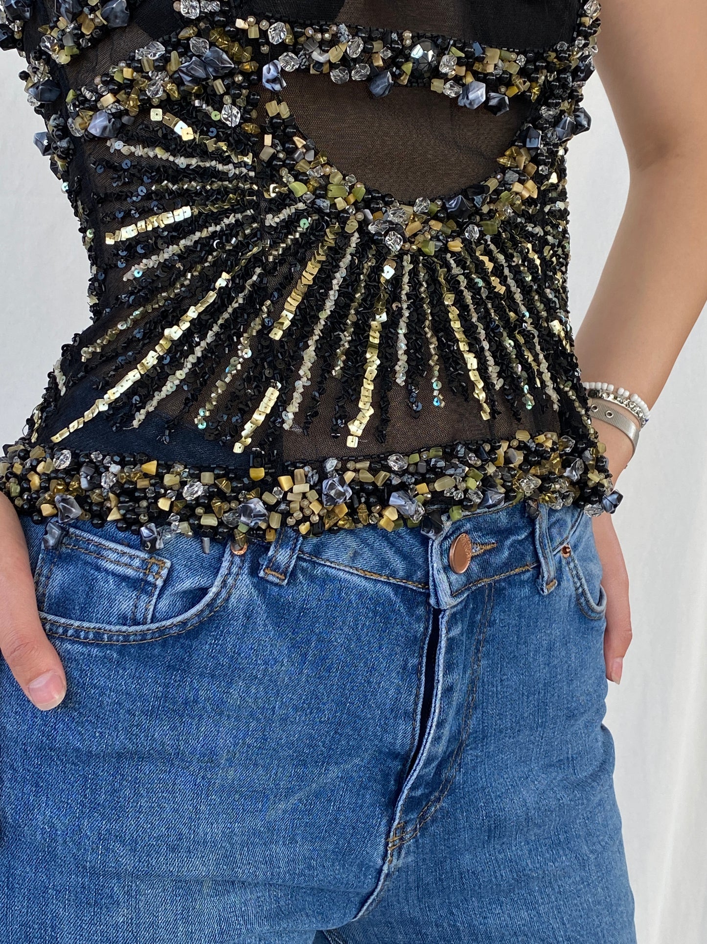 Absolutely Stunning Black Sheer Party Top Embellished with Black and Gold Beads and Sequins - S