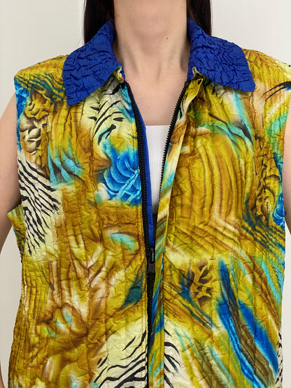 Vintage 90s Reversible Blue Yellow Abstract Crinkle Quilted Zip-Up Vest – L