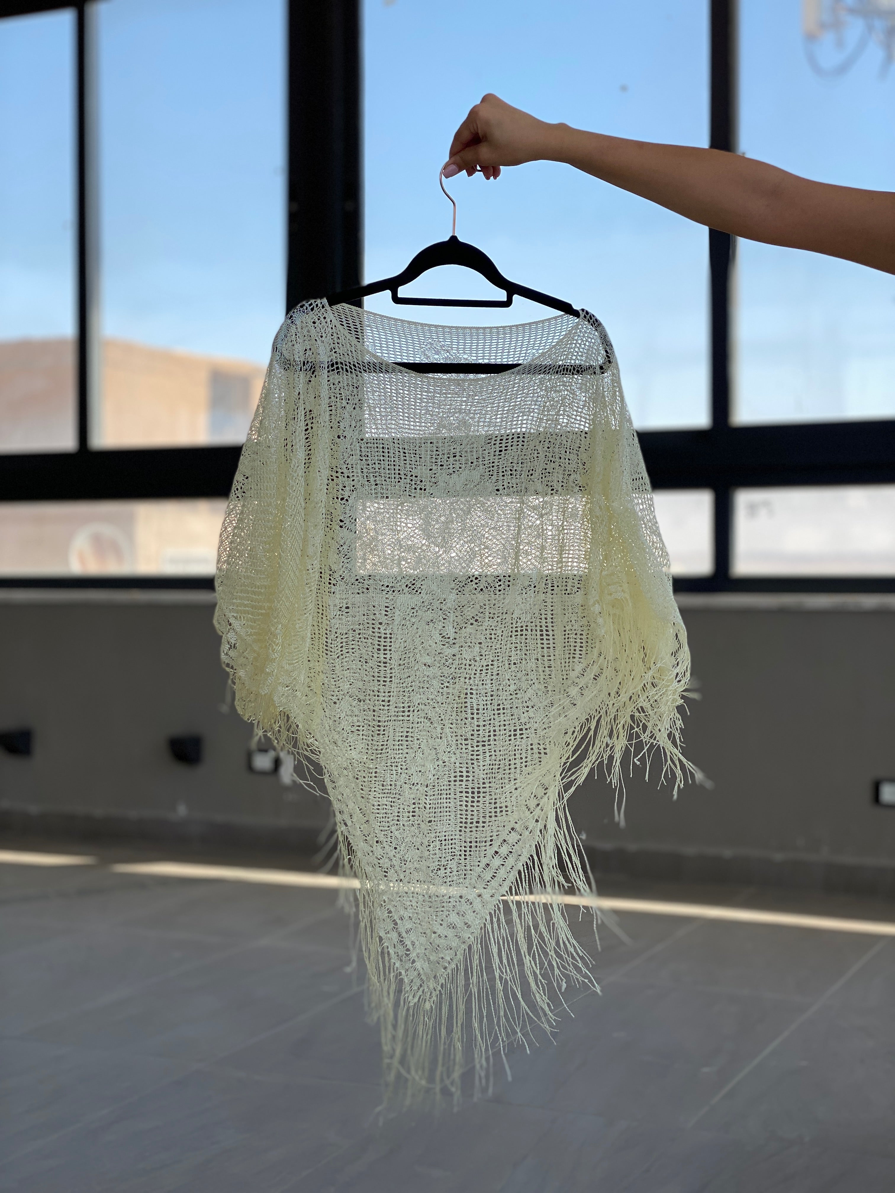 Cream Crochet Fringe Shawl – Boho Poncho Style Open Knit Wrap