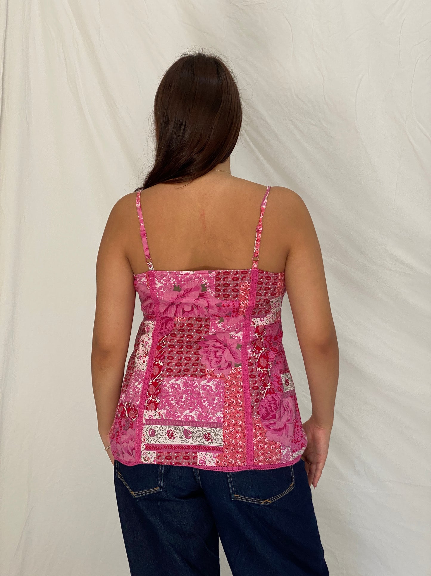 Y2K Per Una Pink Cotton Patchwork Floral Cami Top – L