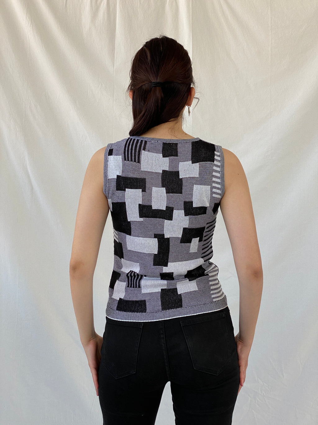 Vintage Nisan Triko Black White Geometric Knitted Cotton Tank Top - S