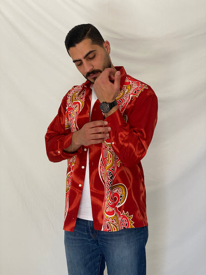 Y2K Drapper Club Tribal Dragon Red Long Sleeve Button-Up Shirt – XL