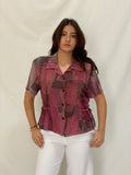 Vintage Positive Attitude Abstract Pink Button-Down Blouse Short Sleeve 90s Shirt - XL