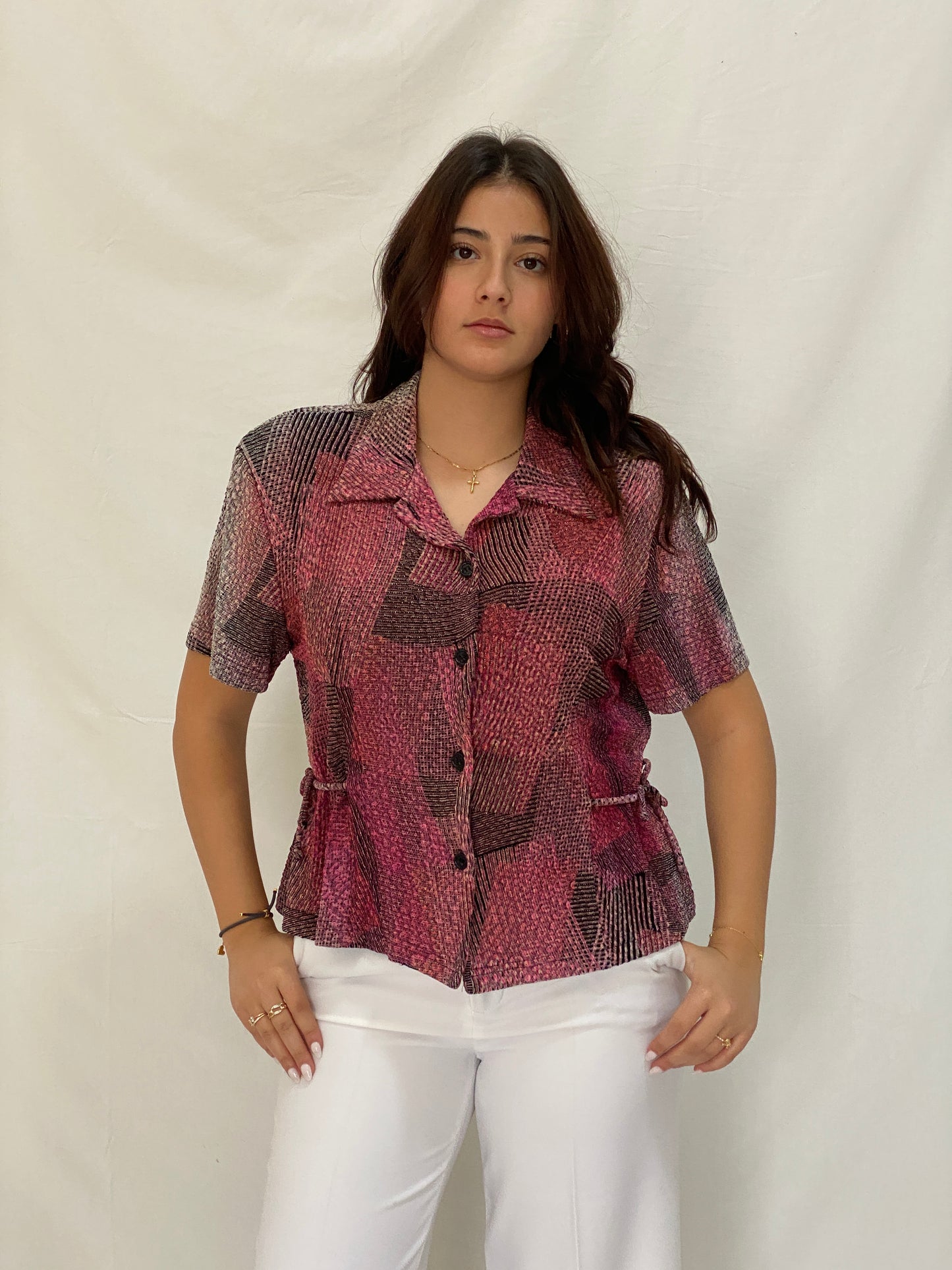 Vintage Positive Attitude Abstract Pink Button-Down Blouse Short Sleeve 90s Shirt - XL
