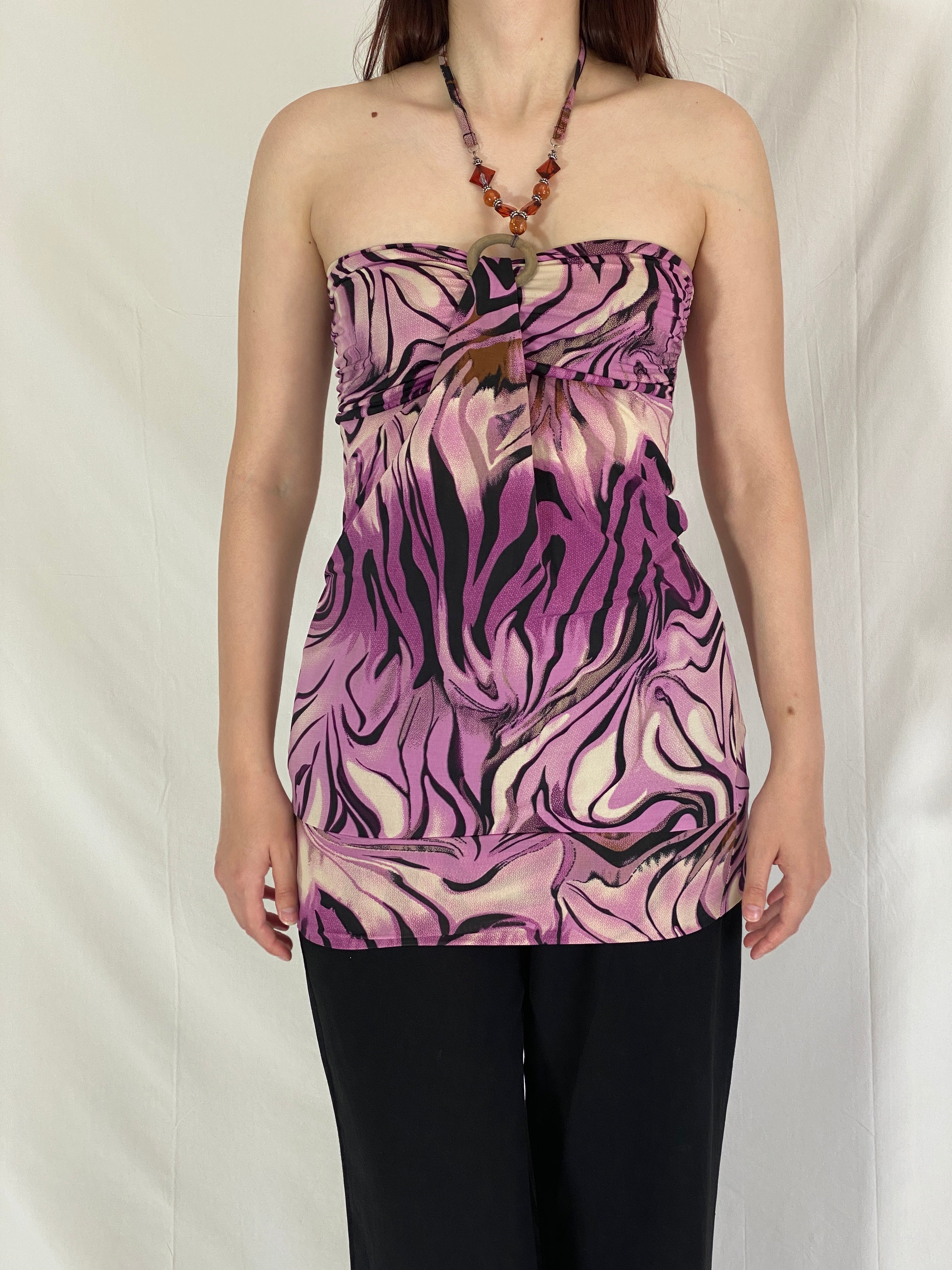 Y2K Charbell Purple Zebra Halter Top with Beaded Straps – M