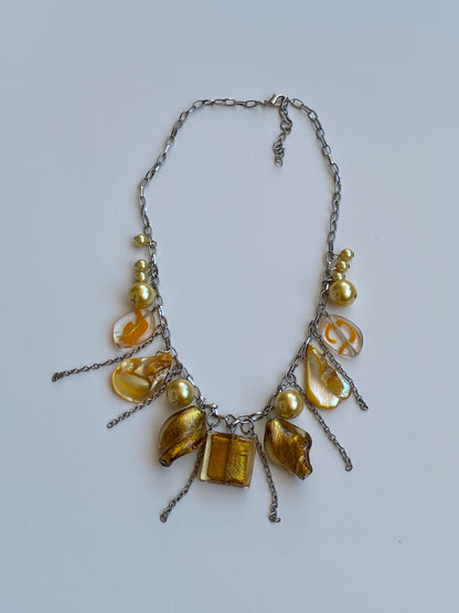 Vintage Y2K Silver-Tone Amber Glass & Faux Pearl Charm Necklace