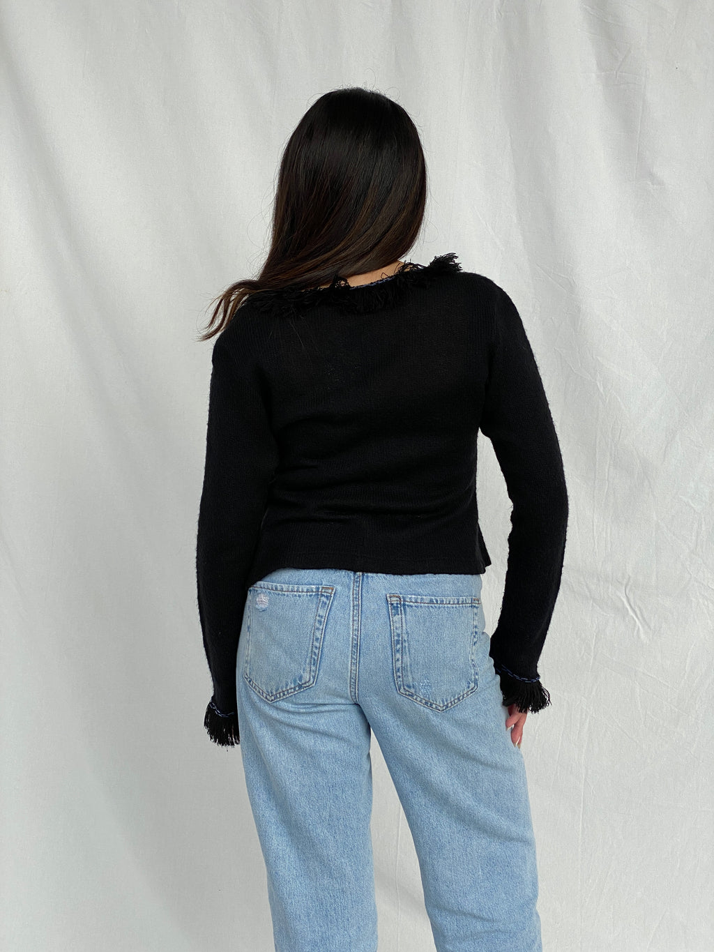 Vintage STENIA Sport Black Knit Beaded Cardigan with Fringed Collar - L