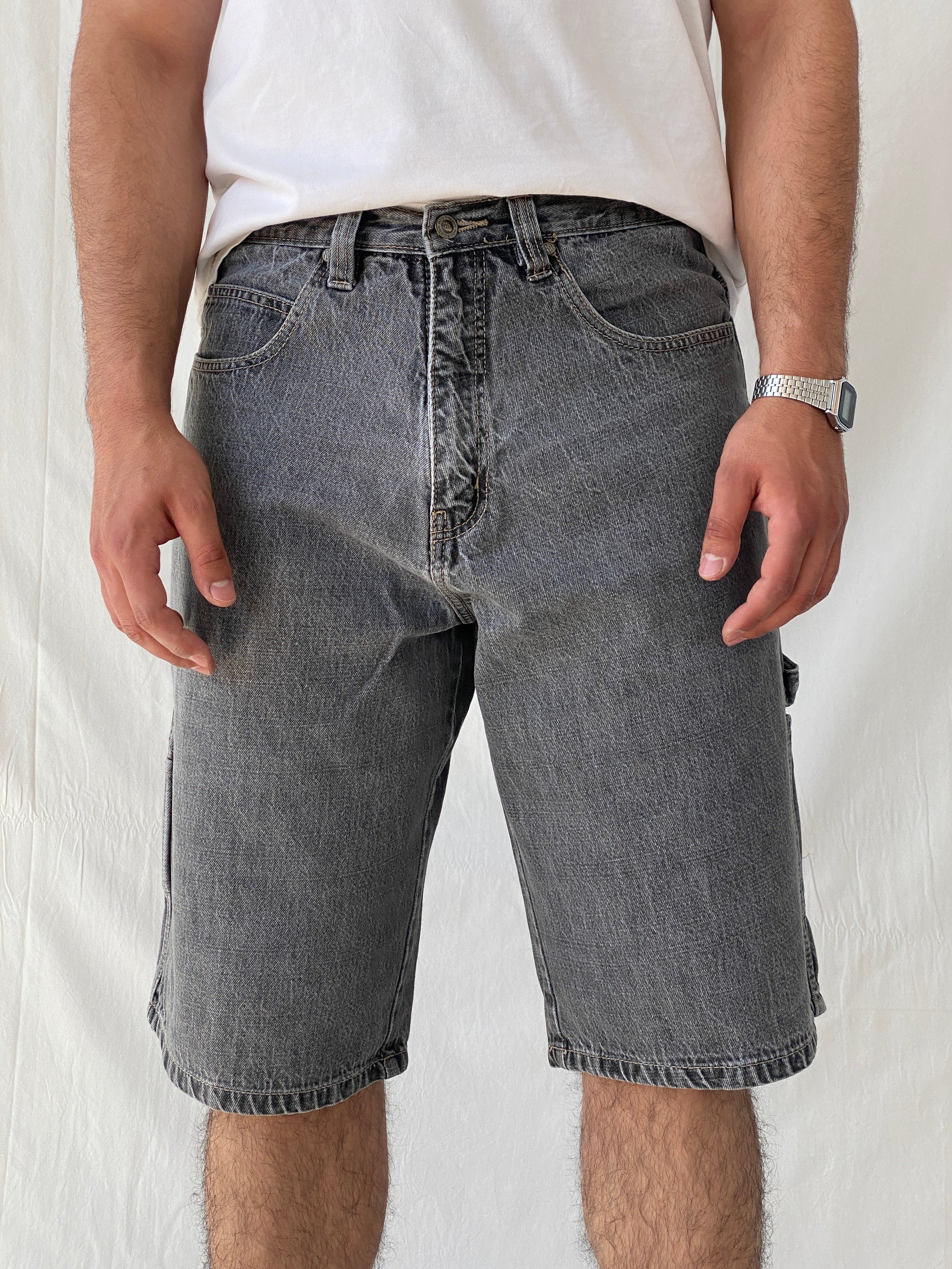 Y2K ROCAWEAR Washed Black Denim Shorts Streetwear Utility Gray Jorts