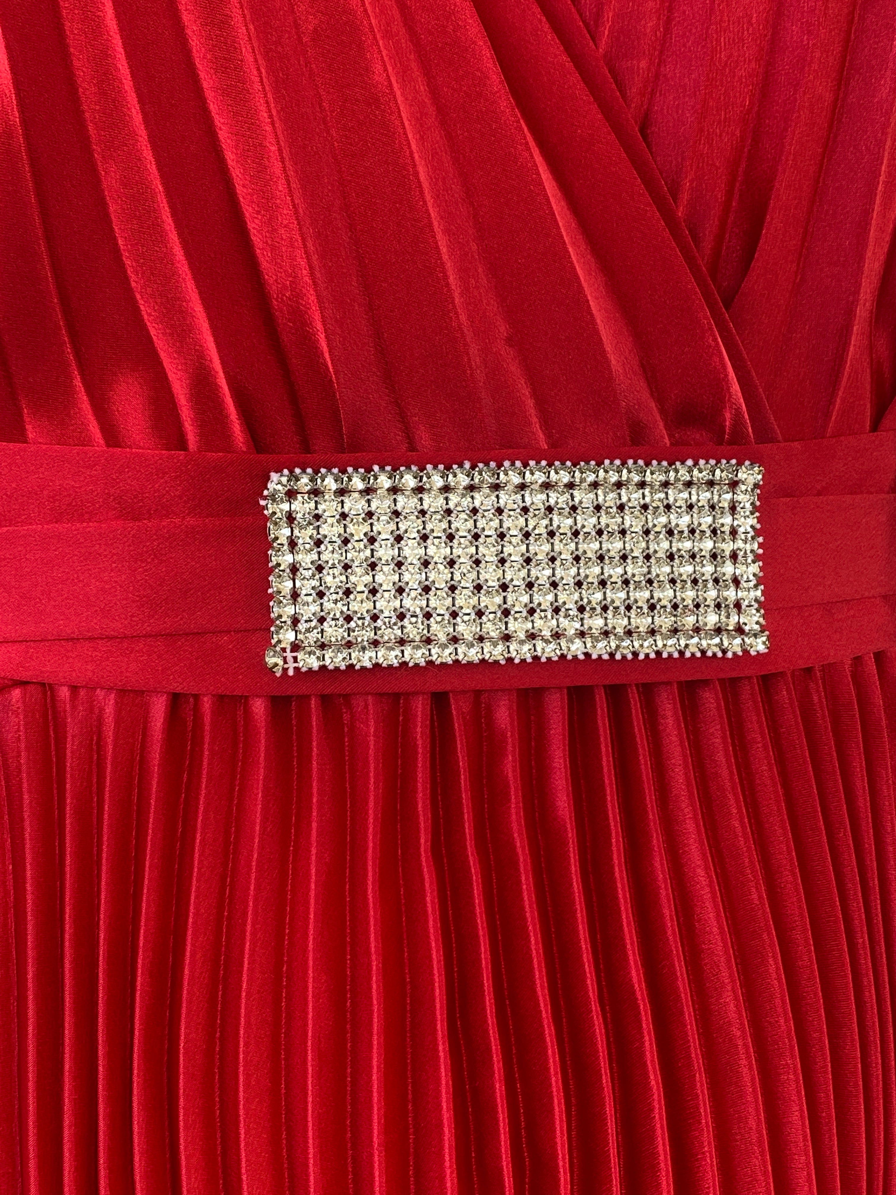 فستان جوزيف ريبكوف أحمر مطوي بياقة دائرية - مقاس صغير Y2K