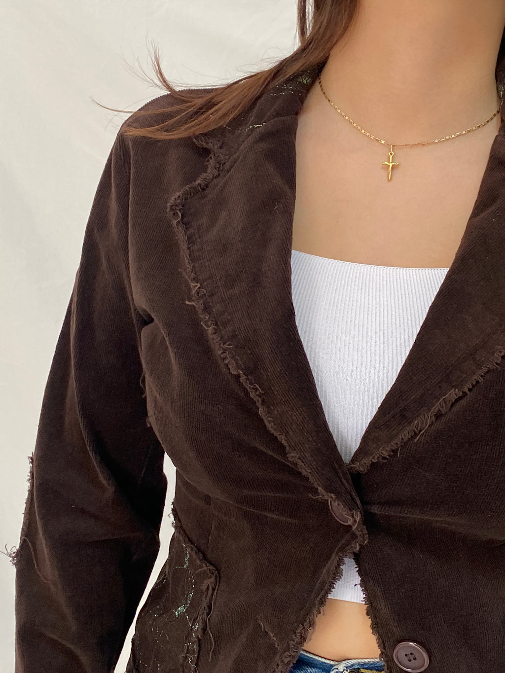 Vintage Y2K Italian Corduroy Blazer  Chocolate Distressed Raw Edge Embroidered Jacket - S