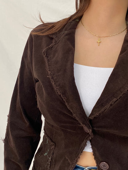 Vintage Y2K Italian Corduroy Blazer  Chocolate Distressed Raw Edge Embroidered Jacket - S