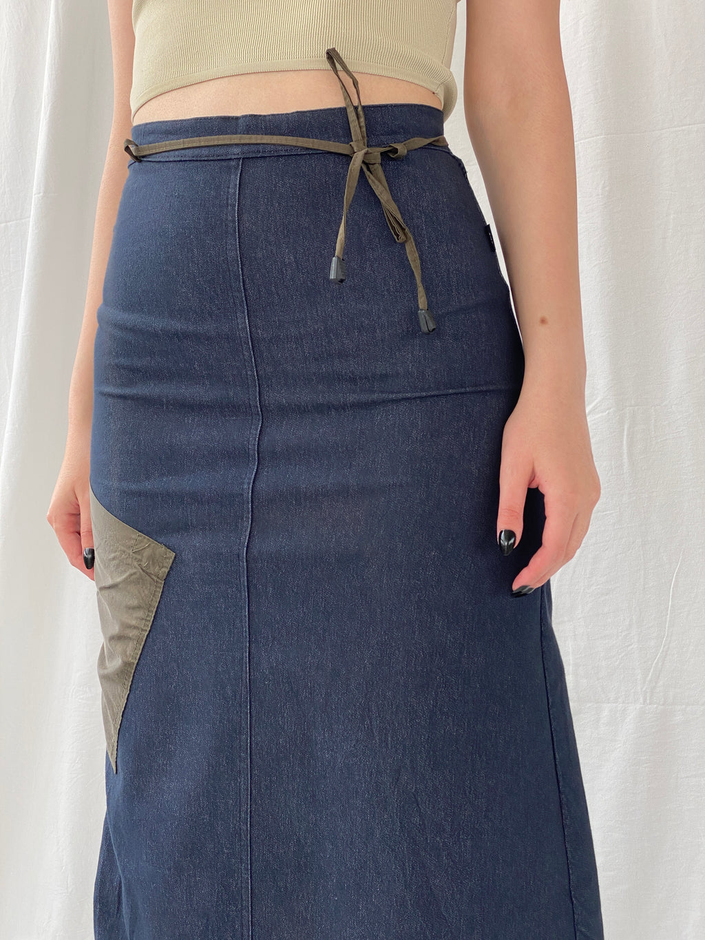 Vintage JDF Paris Archival Ruched Trim Utility Maxi Denim Skirt  - S
