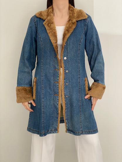 Y2K Luckystars Heavy Denim Coat with Brown Faux Fur Lining – L