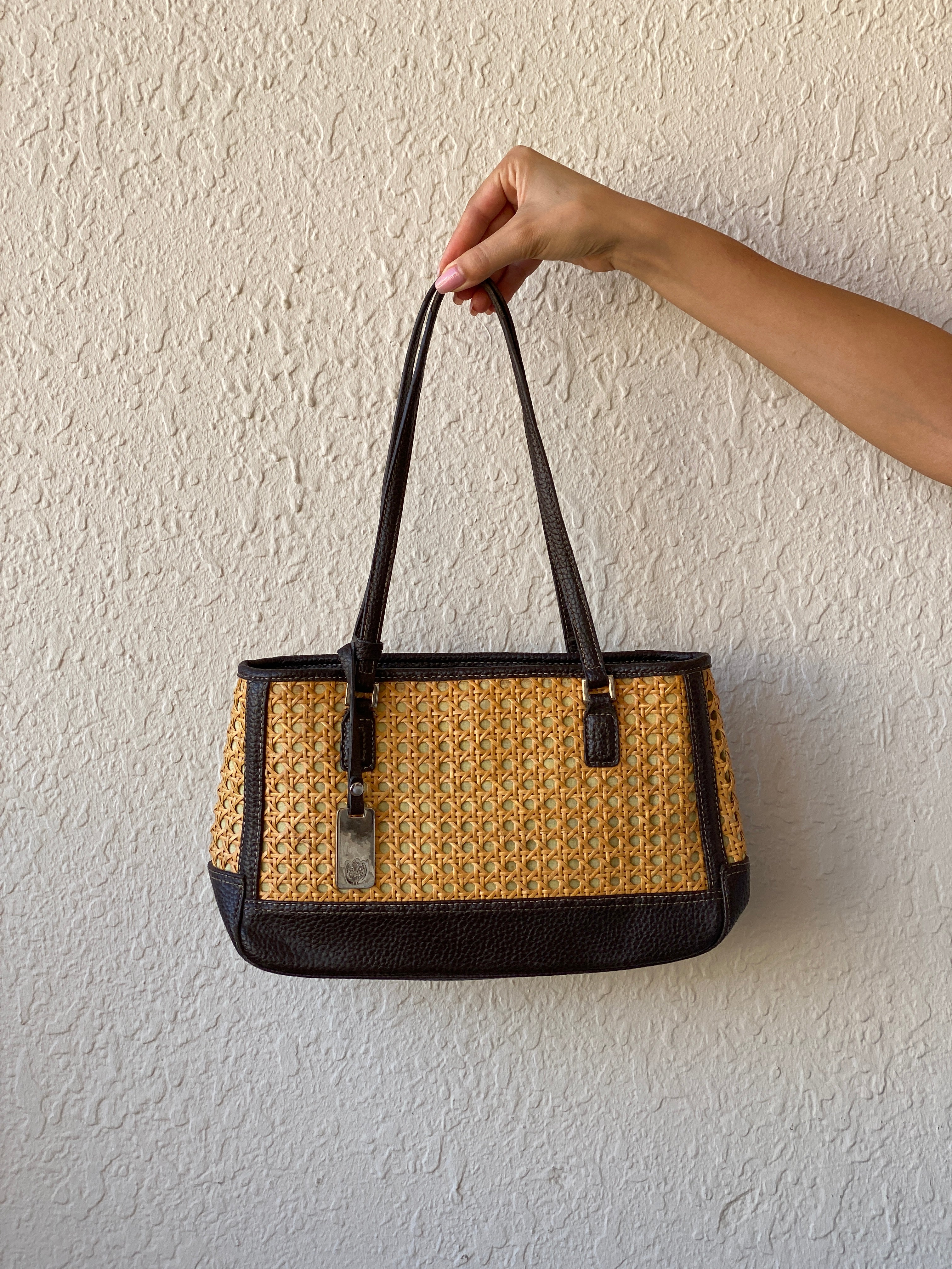 Liz Claiborne Woven Rattan Vegan Brown Leather Straw Shoulder Bag