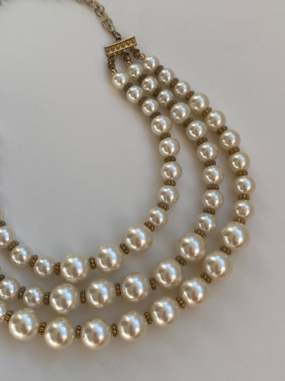Vintage Y2K Ivory Faux Pearl Gold-Tone Triple Strand Necklace
